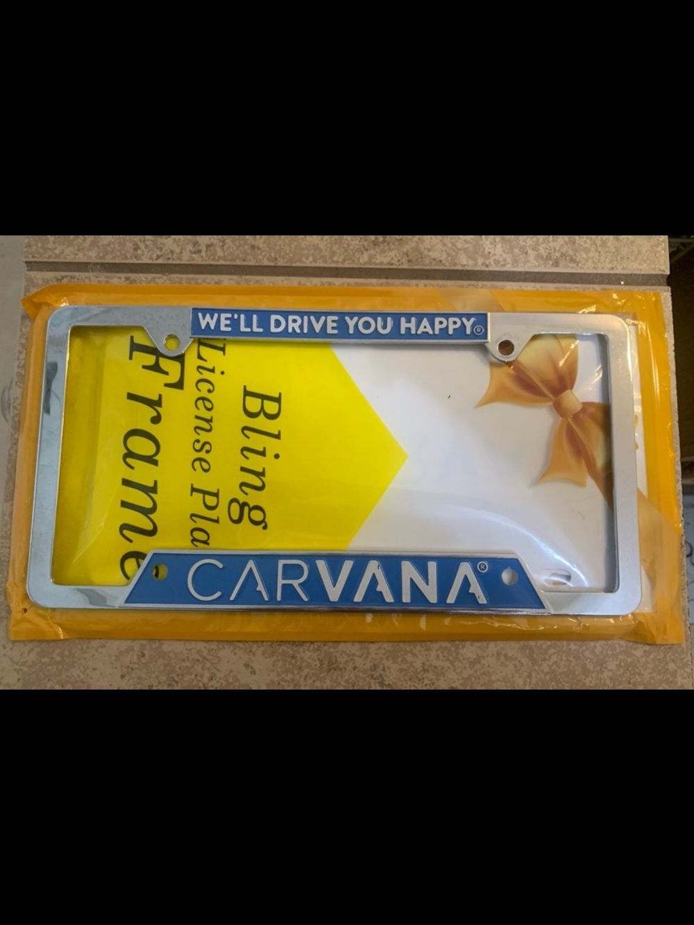 Vintage Carvana Metal Cars License Plate Frame Tag Holder Silver & Blue.